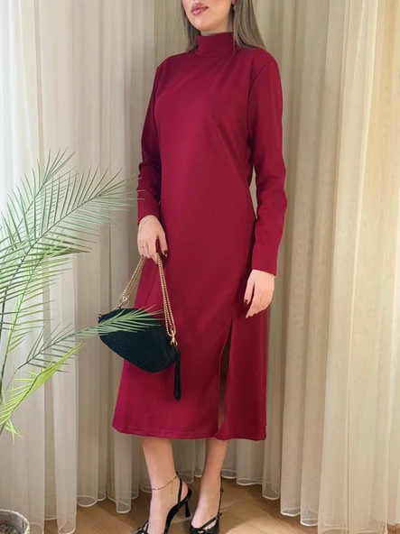 Kadın Uzun Kollu Balıkçı Yaka Derin Yırtmaç Detay Krep Elbise - Resim 3