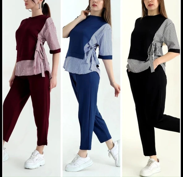 Kadın Kristal 2 Iplik Kumaş Yanları çizgili Takım - Resim 3