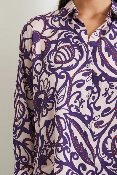 Çiçek Desenli Saten Gömlek Mor - Resim 5