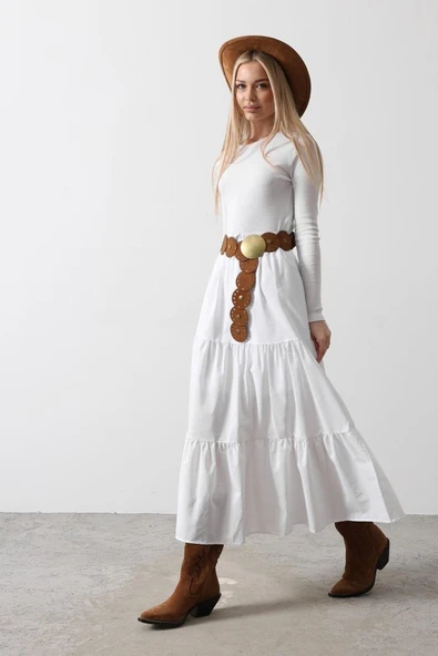 Pamuklu Beli Lastikli Etek - Beyaz - Resim 4