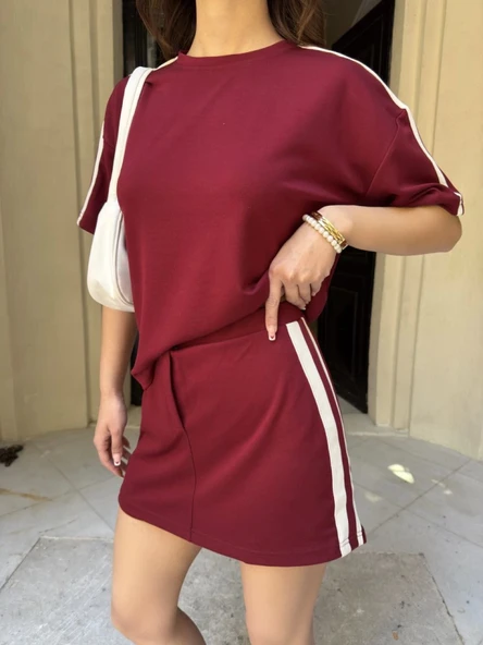 Osy Modal Yumuşak Dokulu Kumaş Parçalı Bisiklet Yaka T-shirt Mini Şortlu Etek İkili Takım -Bordo ürün görseli