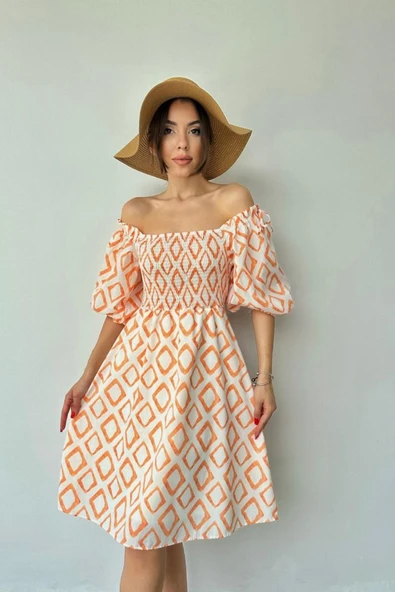 Oranj Kare Desenli Yazlık Elbise ürün görseli 1