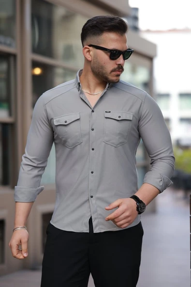 Erkek çift Cepli çıtçıt Düğmeli Uzun Kollu Gömlek ürün görseli