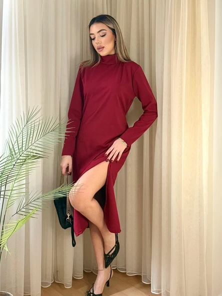 Kadın Uzun Kollu Balıkçı Yaka Derin Yırtmaç Detay Krep Elbise ürün görseli 1