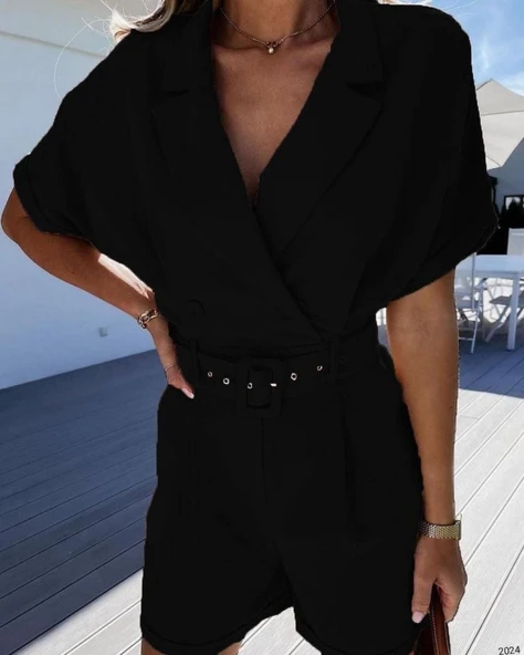 Kadın Ceket Yaka Pileli Kemer Dahil şort Tulum ürün görseli 1