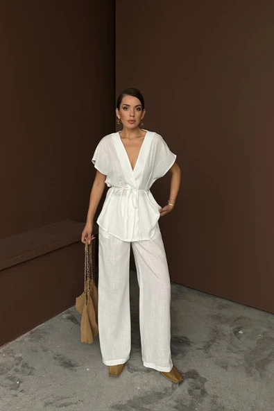 KETEN V YAKA BELDEN BAĞLAMALI BLUZ-PANTOLON TAKIM - Beyaz - Resim 2