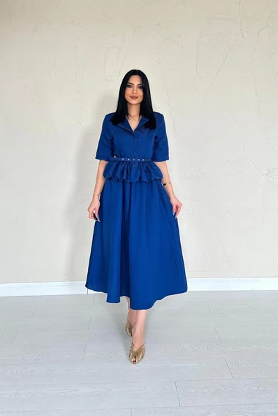 Lacivert İnce Kemerli Fırfırlı Ceket Ve Büzgülü Etek Takım ürün görseli 1