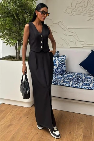 Etek Yırtmaçlı Yelekli Keten Takım 10131 ürün görseli 1