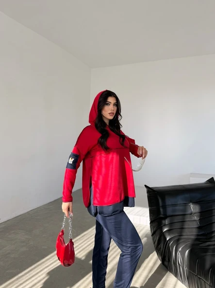 Kadın Kırmızı Kapşonlu Etek Ucu Detay Arma Ters Dikiş Gorunumlu Ikili Takım - Resim 4