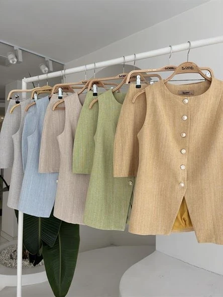 Uzun Yelek Mini Etek Flamlı Keten Takım 10148 - Resim 9