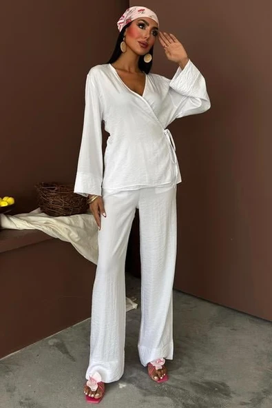 Kruvaze Model Klasik Pantolonlu Çupra Keten Takım 10191 ürün görseli 1