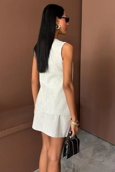 Uzun Yelek Mini Etek Flamlı Keten Takım 10148 - Resim 6