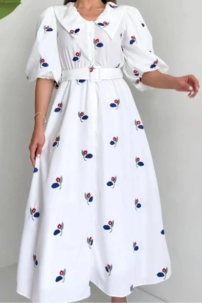 Kırmızı Yakası Çiçek Motifli Kemerli Elbise - Resim 4