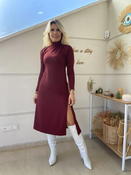 Kadın Uzun Kollu Balıkçı Yaka Derin Yırtmaç Detay Krep Elbise ürün görseli 1