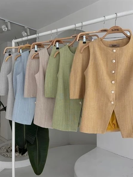 Uzun Yelek Mini Etek Flamlı Keten Takım 10148 - Resim 12