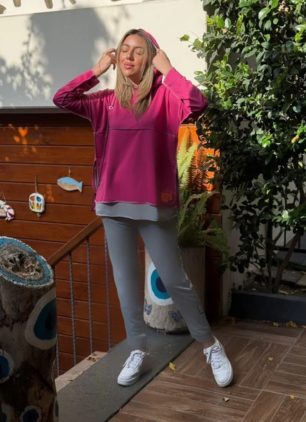 Kadın Pembe Kapşonlu Etek Ucu Detay Arma Ters Dikiş Gorunumlu Ikili Takım - Resim 5