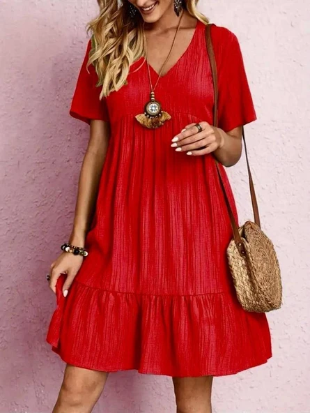 Kadın V Yaka, Fırfırlı Bürümcük Kumaş Elbise ürün görseli 1