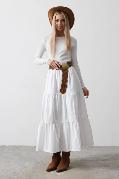 Pamuklu Beli Lastikli Etek - Beyaz - Resim 3