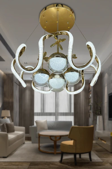 Arya Fanus 4 Toplu Simli Slikonlu Yüksek (Işık) Modern Salon Led Avizesi