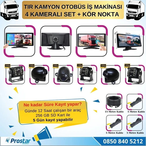 Tır ve Kamyon 10.36" Dokunmatik 4 kameralı 256 GB Destekli Kör Nokta Uyarı Sistemli Kamera Seti - 4