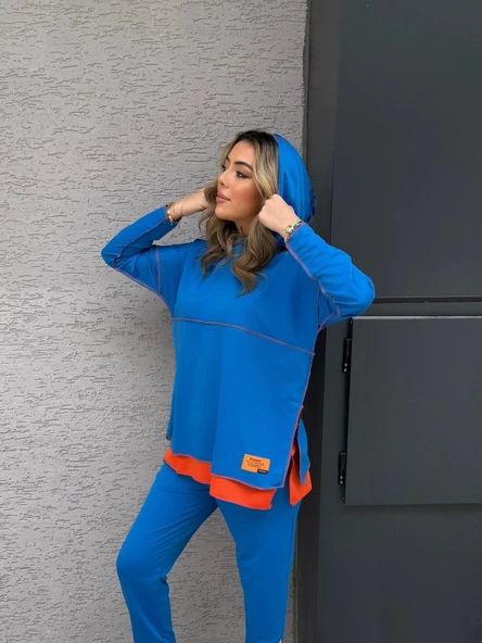 Kadın Indigo Kapşonlu Etek Ucu Detay Arma Ters Dikiş Gorunumlu Ikili Takım - Resim 2