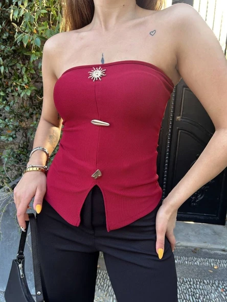 Kadın Ottoman Kumaş Düğme Detaylı Büstiyer Crop ürün görseli 1