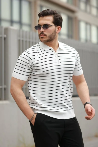 Erkek Fermuar Yakalı çizgili Kısa Kollu T-shirt - Resim 2
