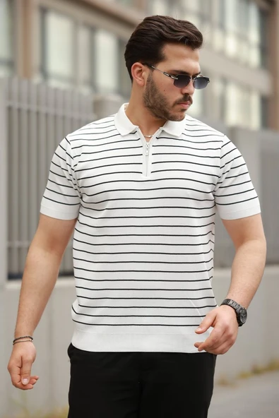 Erkek Fermuar Yakalı çizgili Kısa Kollu T-shirt ürün görseli 1