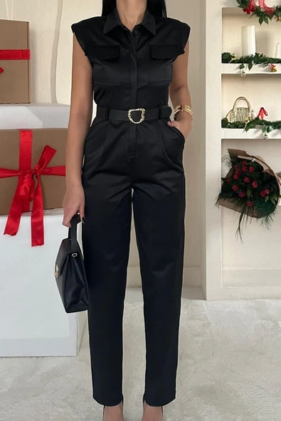 Siyah Vatkalı Kemerli Tulum - Resim 3