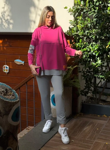 Kadın Pembe Kapşonlu Etek Ucu Detay Arma Ters Dikiş Gorunumlu Ikili Takım - Resim 4