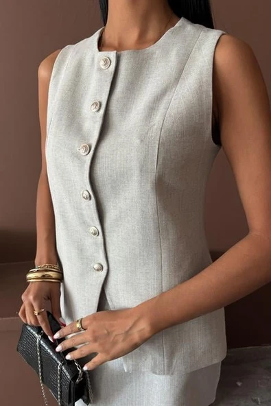 Uzun Yelek Mini Etek Flamlı Keten Takım 10148 - Resim 5