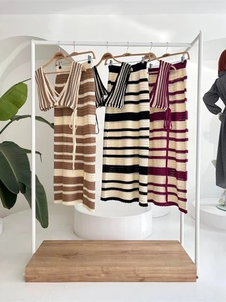 Çizgili Bikini Üst Ve Etek Triko Takım 10110 - Resim 9