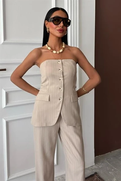 Straplez Büstiyerli Plazzo Pantolonlu Çizgili Takım 10151 - Resim 3