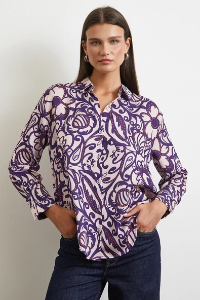 Çiçek Desenli Saten Gömlek Mor ürün görseli