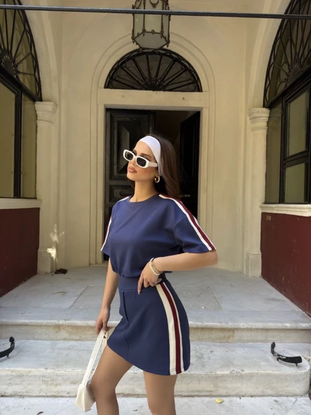 Osy Modal Yumuşak Dokulu Kumaş Parçalı Bisiklet Yaka T-shirt Mini Şortlu Etek İkili Takım -Lacivert - Resim 2