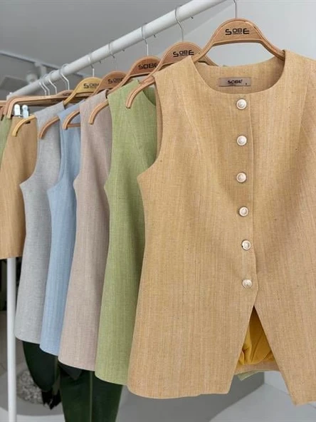 Uzun Yelek Mini Etek Flamlı Keten Takım 10148 - Resim 11