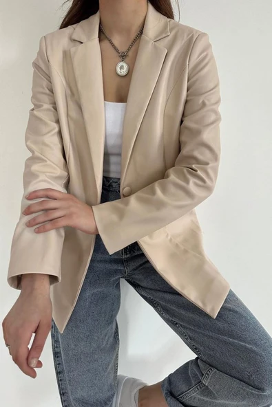 Bej Düğmeli Deri Ceket - 2