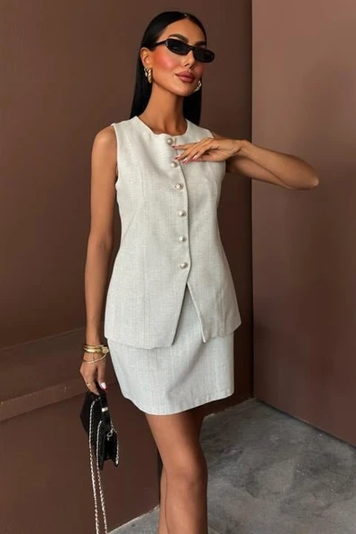 Uzun Yelek Mini Etek Flamlı Keten Takım 10148 - Resim 3