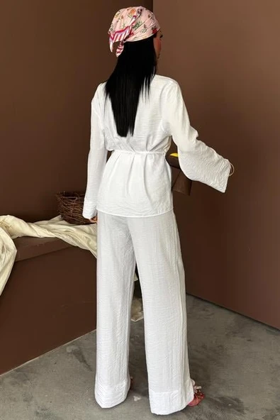 Kruvaze Model Klasik Pantolonlu Çupra Keten Takım 10191 - Resim 5