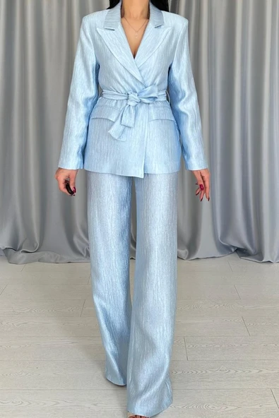 Mavi Beli Kuşaklı Ceket Ve Pantolon Parlak Takım - Resim 3