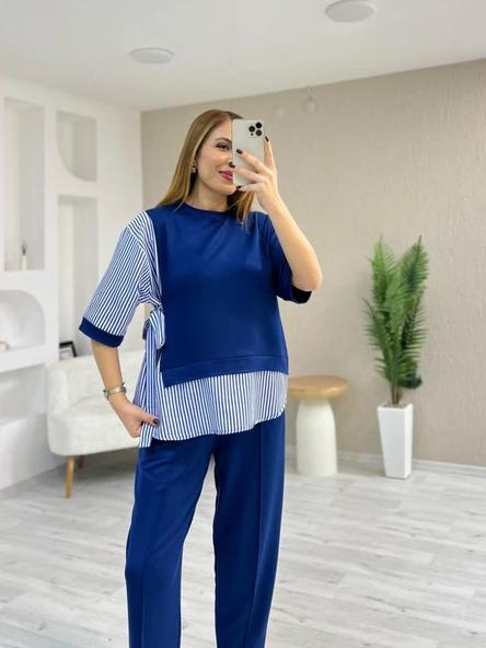 Kadın Kristal 2 Iplik Kumaş Yanları çizgili Takım - Resim 2