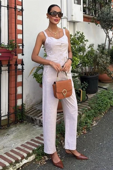 Kalın Askılı Bluz Pantolon Keten Takım 10187 - Resim 8