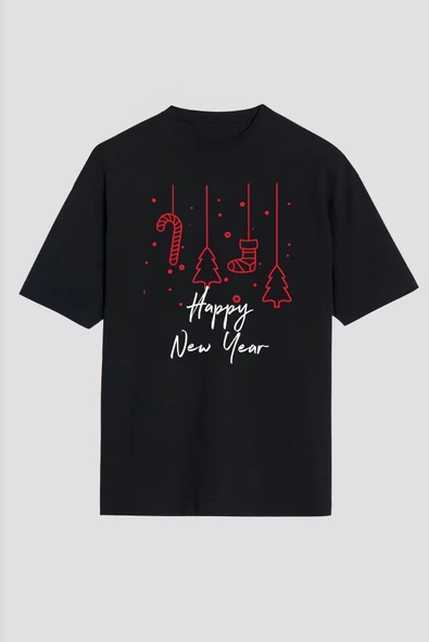 Happy New Year Baskılı T-shirt - Siyah ürün görseli 1