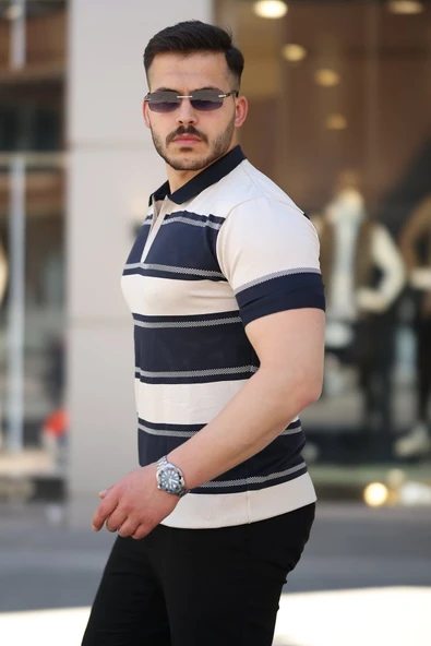 Erkek Yakalı Fermuarlı çift Renk Kısa Kollu T-shirt - Resim 2