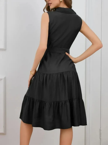 Kadın Kısa Kollu Gömlek Yaka Düğmeli Beli Kuşaklı Katlı Dokuma Midi Elbise - 3