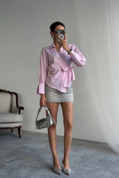 ÇİZGİLİ POPLİN KRUVAZE BAĞLAMALI GÖMLEK - Pembe - Resim 3