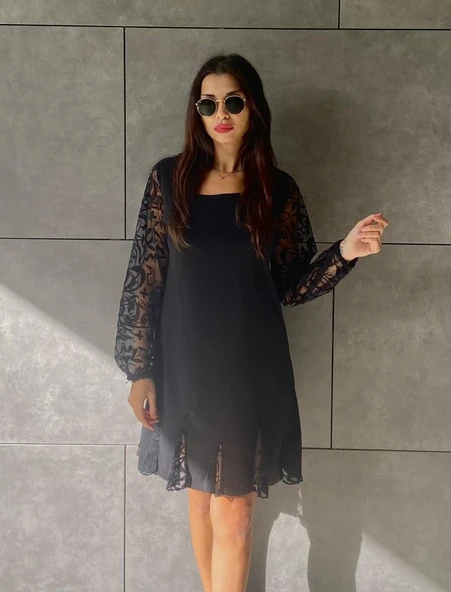 Kadın Uzun Kollu Yuvarlak Yaka Kol Ve Etek Ucu Dantelli Kısa Ithal Krep Elbise ürün görseli 1