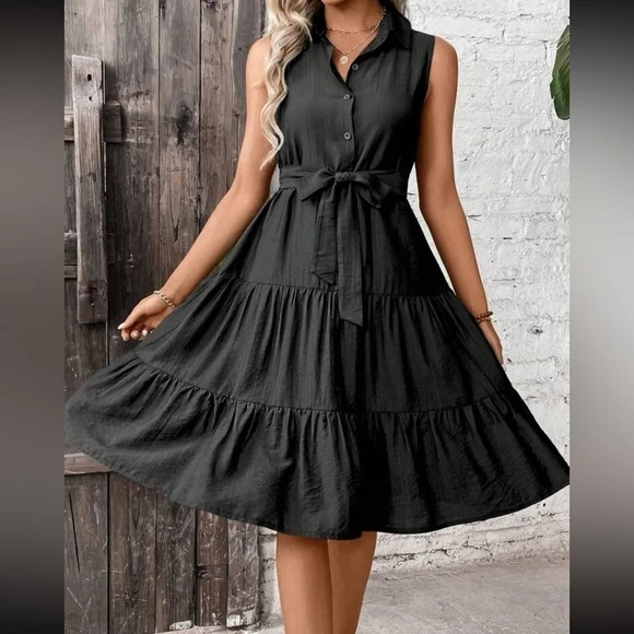 Kadın Kısa Kollu Gömlek Yaka Düğmeli Beli Kuşaklı Katlı Dokuma Midi Elbise - 10