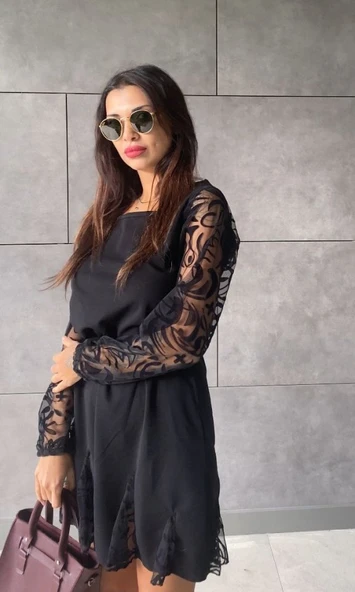 Kadın Uzun Kollu Yuvarlak Yaka Kol Ve Etek Ucu Dantelli Kısa Ithal Krep Elbise - Resim 2