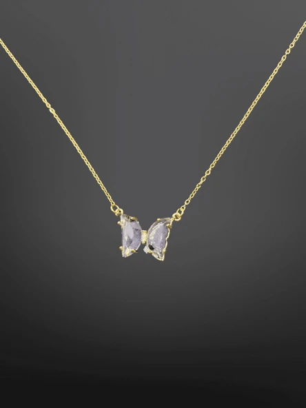 Gold Renk Mor Taşlı Kelebek Figürlü 316L Çelik Kolye 45 cm | Zarif Zincir ile Şık ve Romantik ürün görseli 1